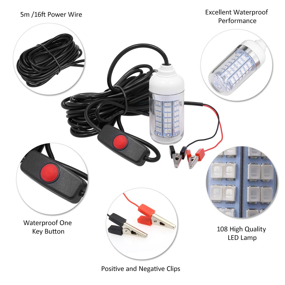 12V 15W Underwater Fishing Attract Light LED Lamp Fish