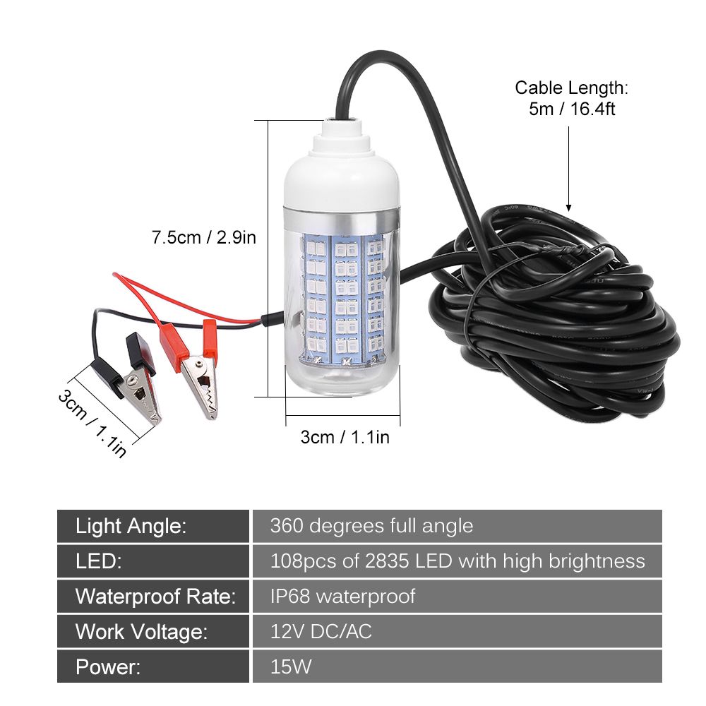12V 15W Underwater Fishing Attract Light LED Lamp Fish