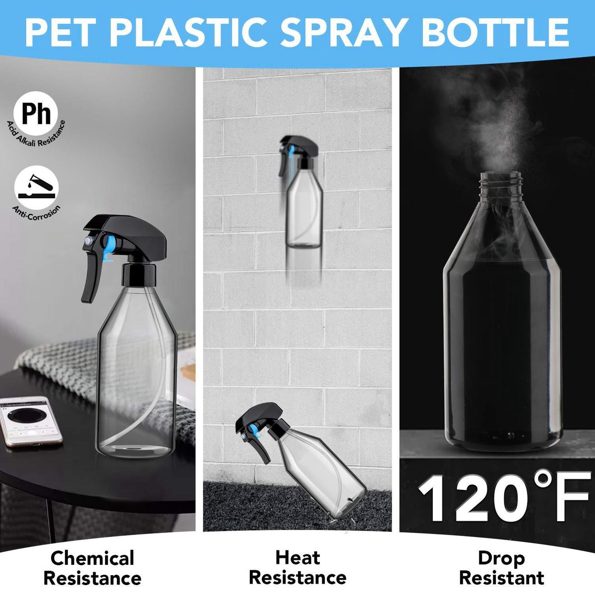 Plastic Spray Bottles for Cleaning Solutions10OZ Reusable Empty Container with Durable Black Trigger Sprayer 3Pack