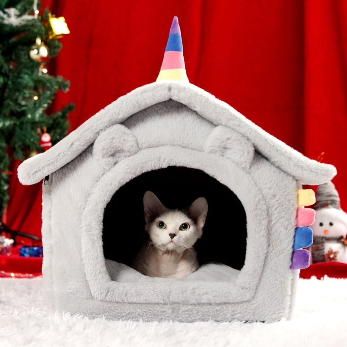 Fodable Indoor Pet House,Cat Bed Removable and washable Sleeping Bed With Plush Cushion Best Supplies, Pet Tent-Soft Bed Warm Cave Nest for Dog & Cat(for small animals within 5kg)