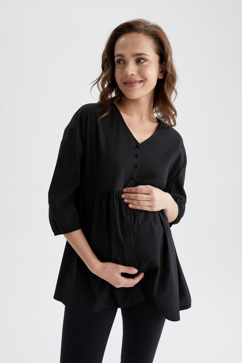 Woman - Regular Fit Maternity Wear Woven Tops Long Sleeve - Black