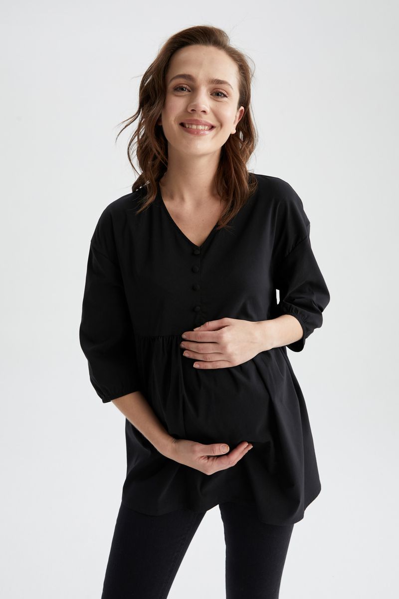 Woman - Regular Fit Maternity Wear Woven Tops Long Sleeve - Black