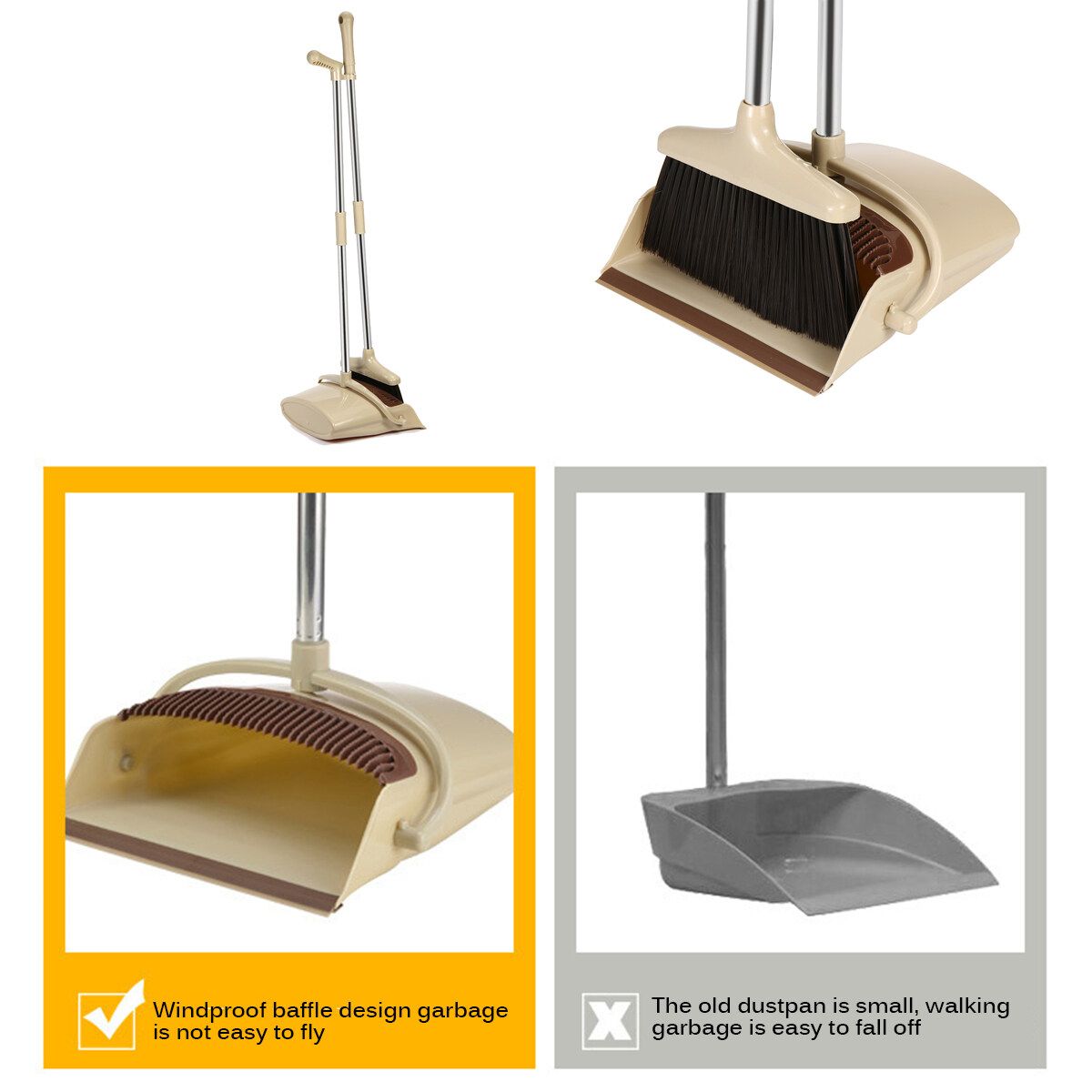 Windproof Broom And Dustpan Set Hair Suit Magic Broom Khaki