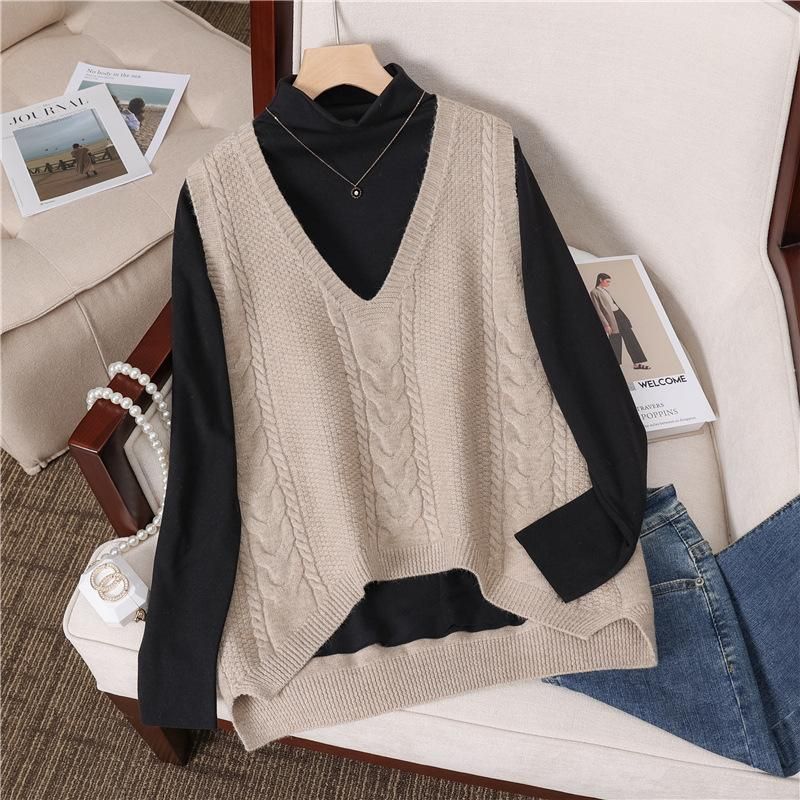 In the early autumn of 2022, the new Korean solid color Fried Dough Twists knitwear waistcoat V-neck
