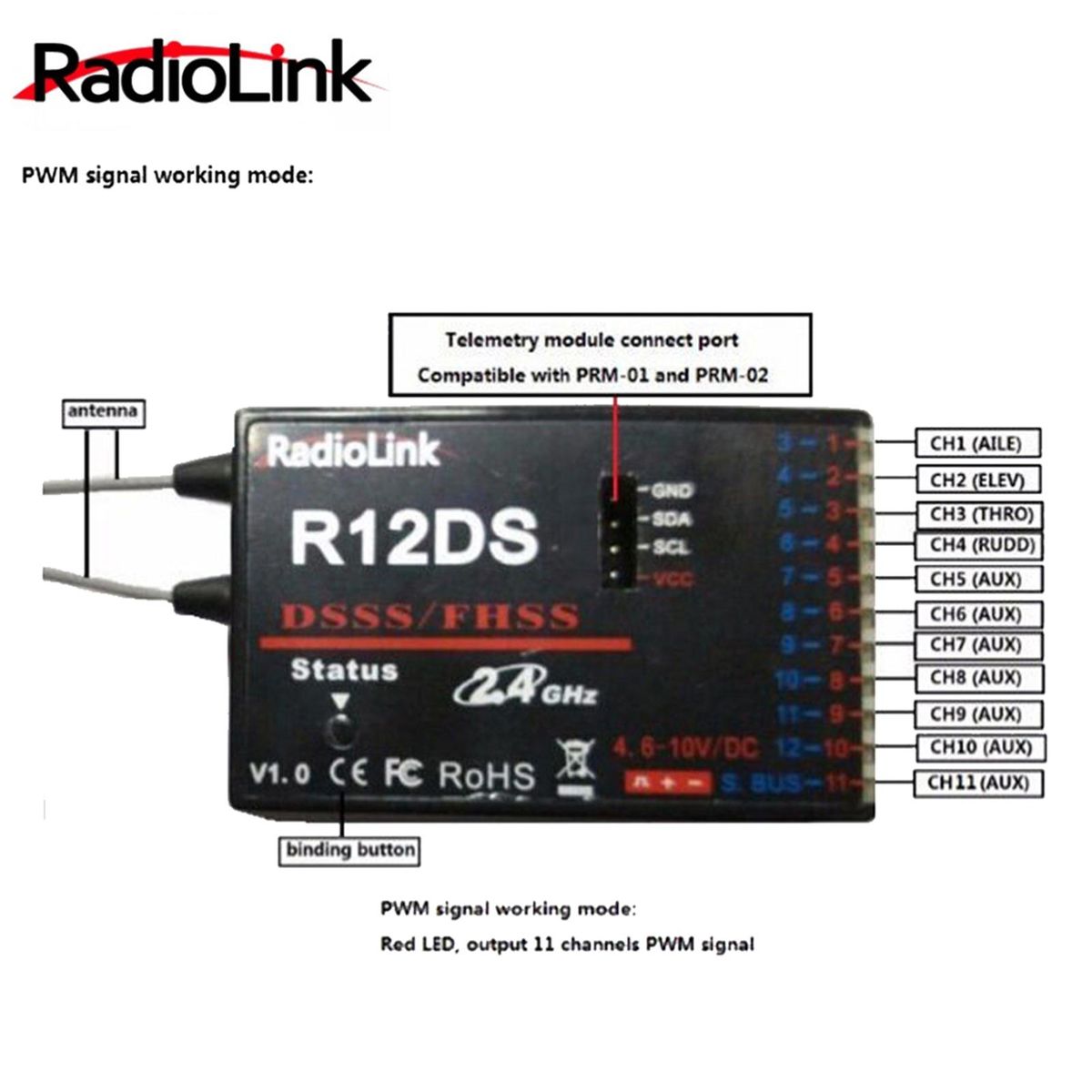 RadioLink R12DS Receiver 12CH 2.4Ghz For AT9 AT9S AT10 AT10 Transmitter