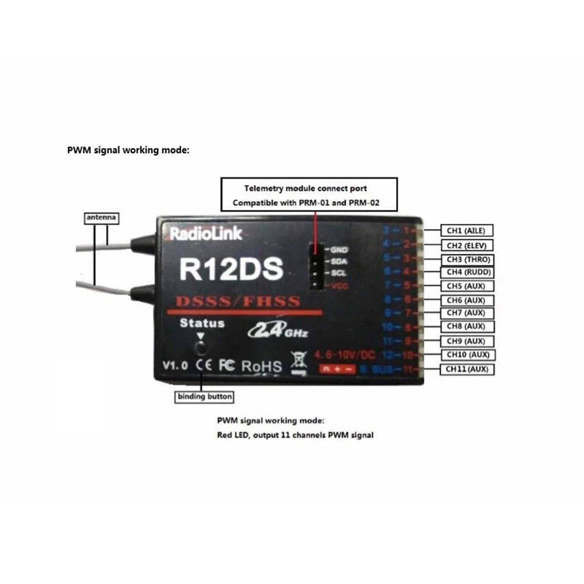 RadioLink R12DS Receiver 12CH 2.4Ghz For AT9 AT9S AT10 AT10 Transmitter