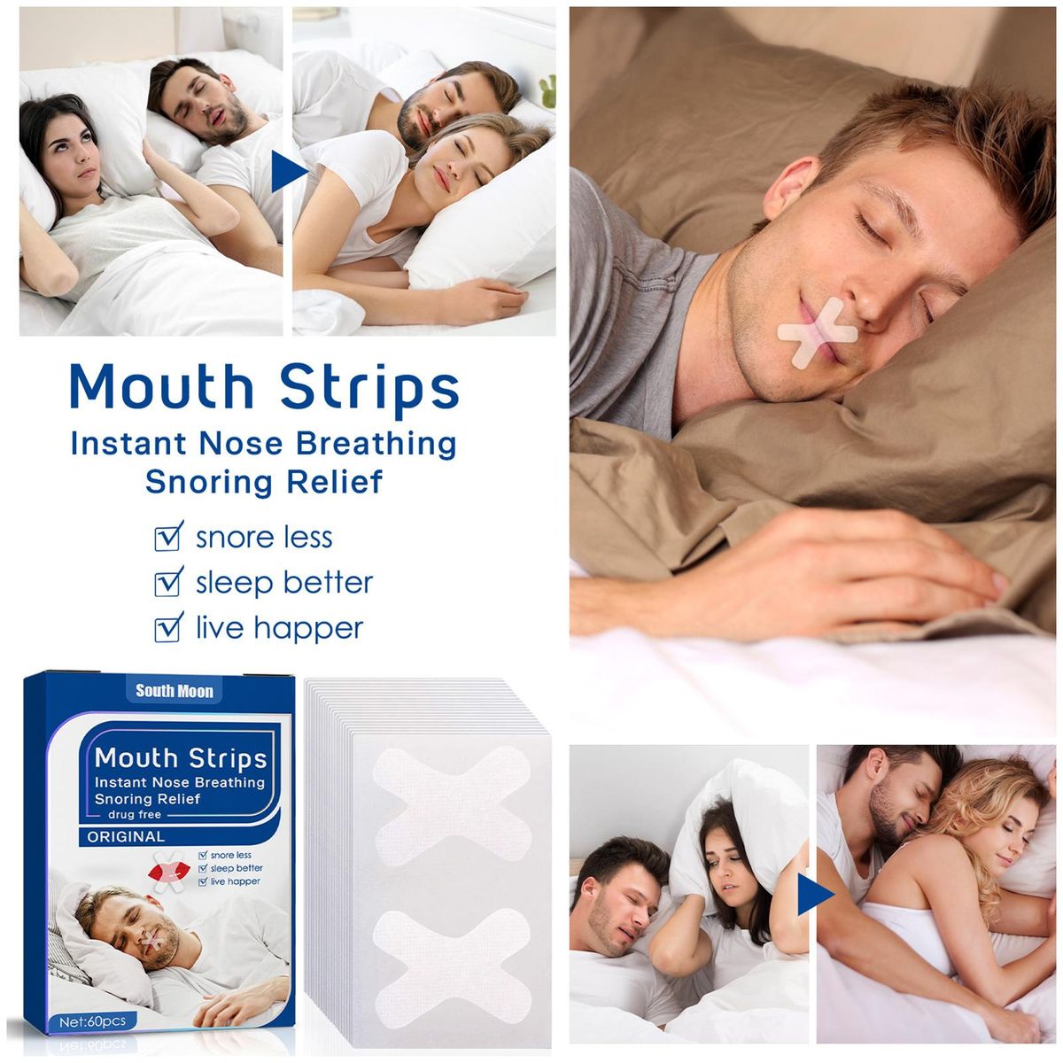 South Moon 60PCS Snoring Stickers Mouth Strips Instant Nasal Congestion R-elief