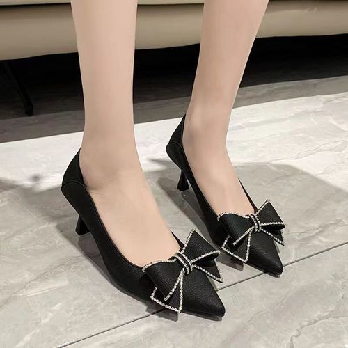 Bowknot Leather Stiletto High Heels -Black