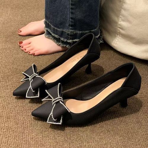 Bowknot Leather Stiletto High Heels -Black