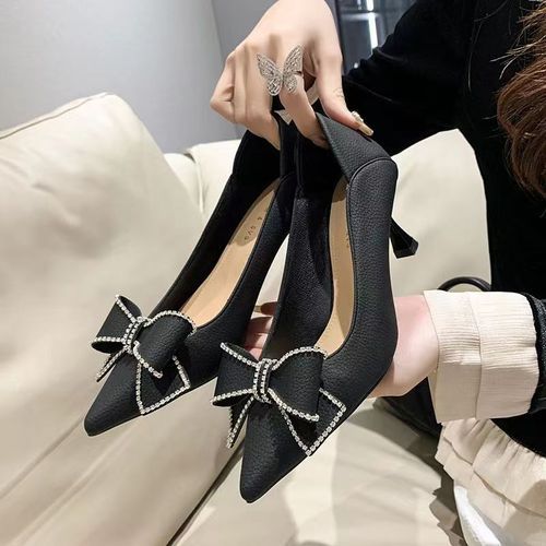 Bowknot Leather Stiletto High Heels -Black