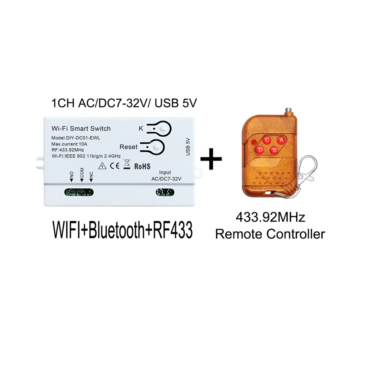 WiFi Smart Switch DIY Timer+RF433 Remote 1CH 7-32V 2.4G