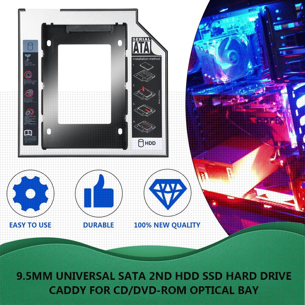 9.5mm Universal SATA 2nd HDD SSD Hard Drive Caddy For CD/DVD-ROM Optical Bay