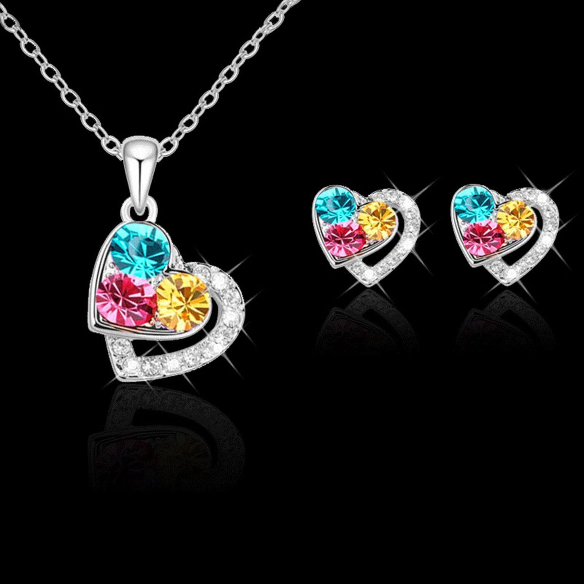 1 Set Ladies Jewelry Set Love Heart Shape Pendant Necklace Stud Earring Set Neon
