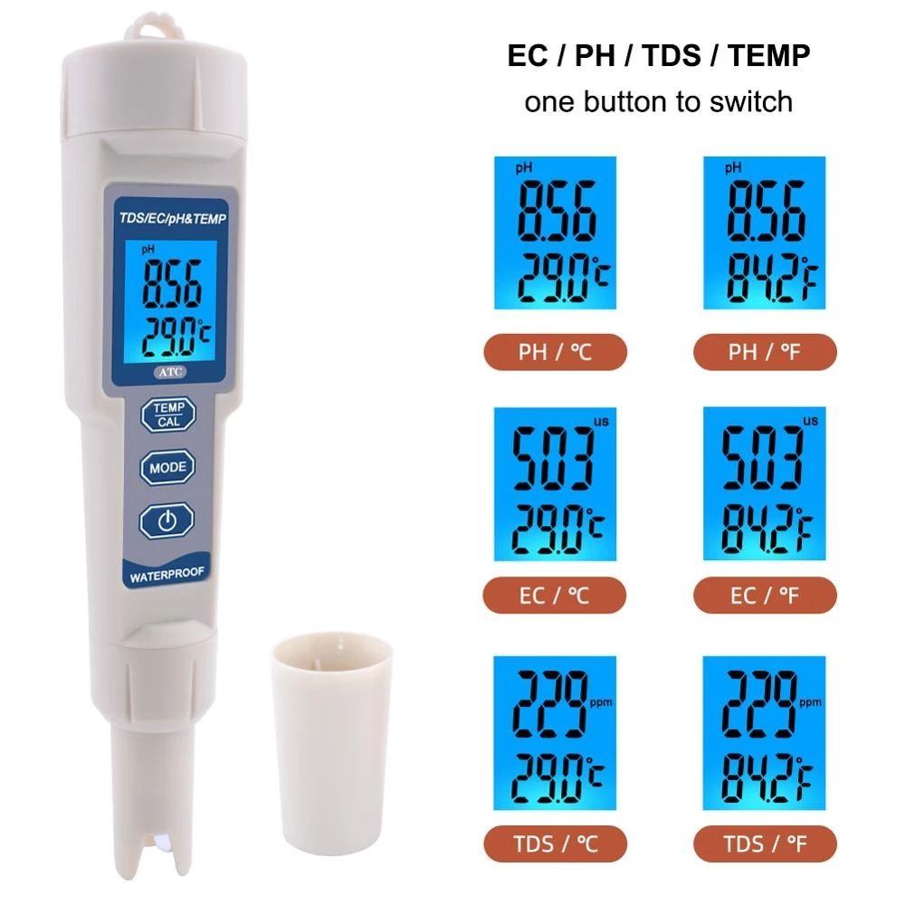 PH/TDS/EC/Temperature Meter Digital Water Quality Monitor Tester For Pool, Drinking Water, Aquarium
