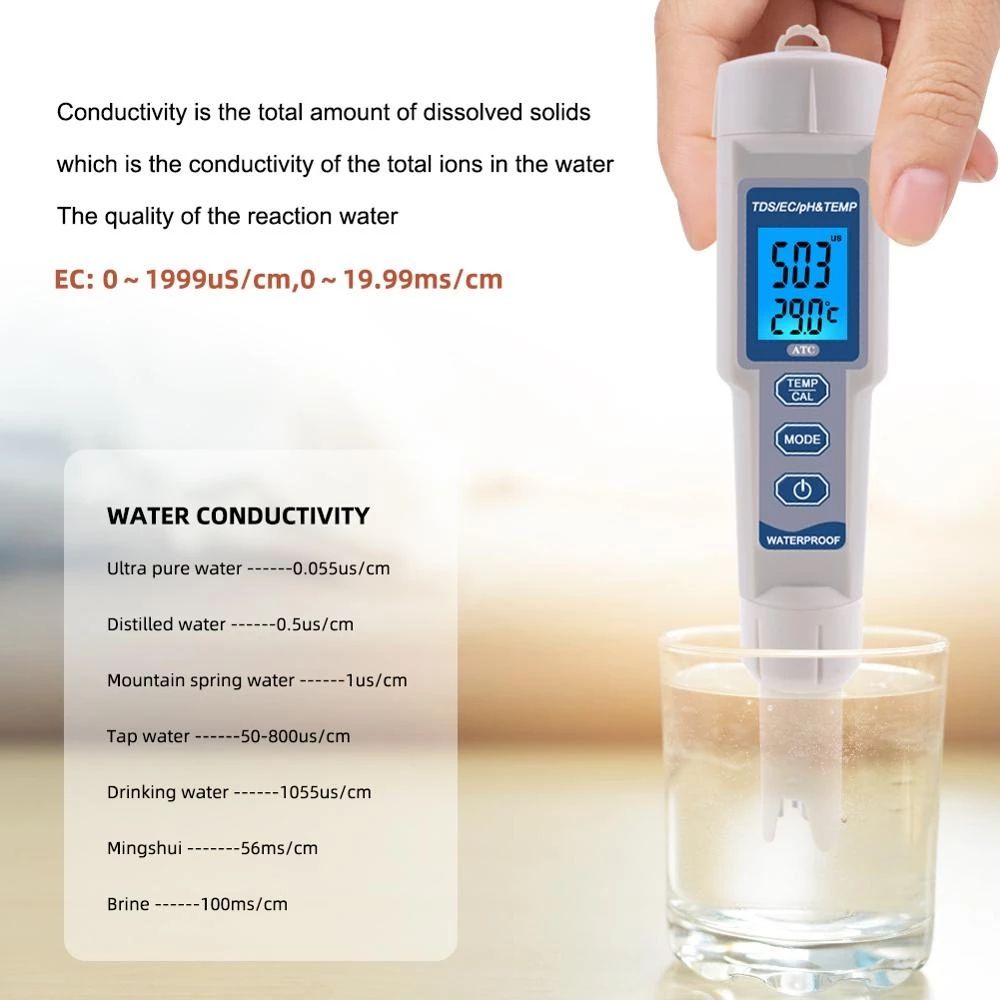 PH/TDS/EC/Temperature Meter Digital Water Quality Monitor Tester For Pool, Drinking Water, Aquarium