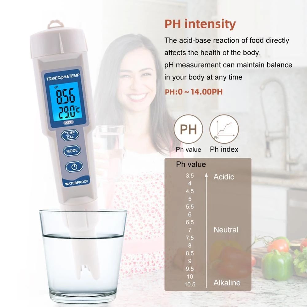 PH/TDS/EC/Temperature Meter Digital Water Quality Monitor Tester For Pool, Drinking Water, Aquarium