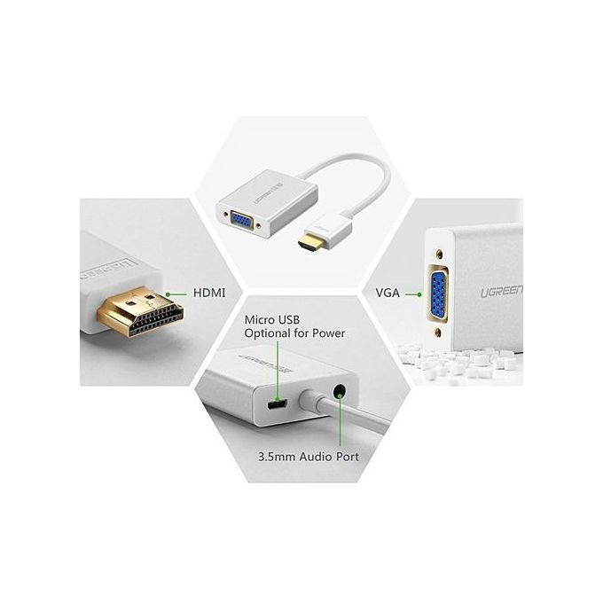 Active HDMI To VGA Adapter Converter With Audio And Mirco USB Converter Premium Aluminum Case For Apple TV,Smart TV Box, PC, Laptop, Ultrabook,Raspberry Pi, Chromebook, Support 1920x1080 60Hz (White) By HonTai