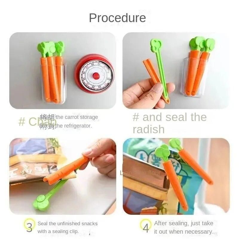 5pcs Cartoon Sealed Clip Food Snack Bag Sealed Carrot Shaped Moisture Proof Kitchen Fresh Keep Accessories Refrigerator Sticker