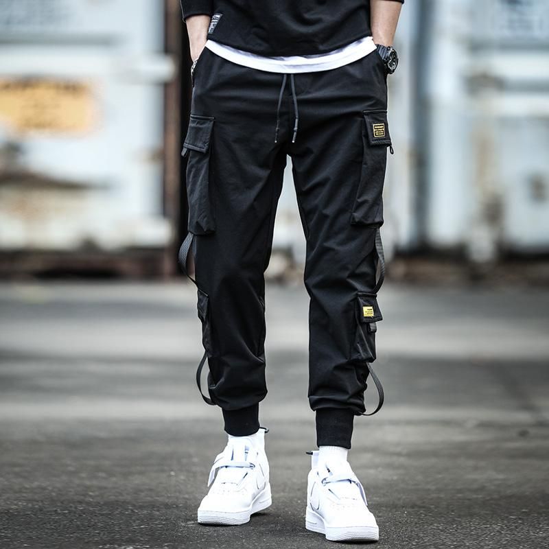 Harem Pants MultiBolsillo Mens Street Clothing Punk Cargo Hip-Hop Informal Color Black Direct Shipping