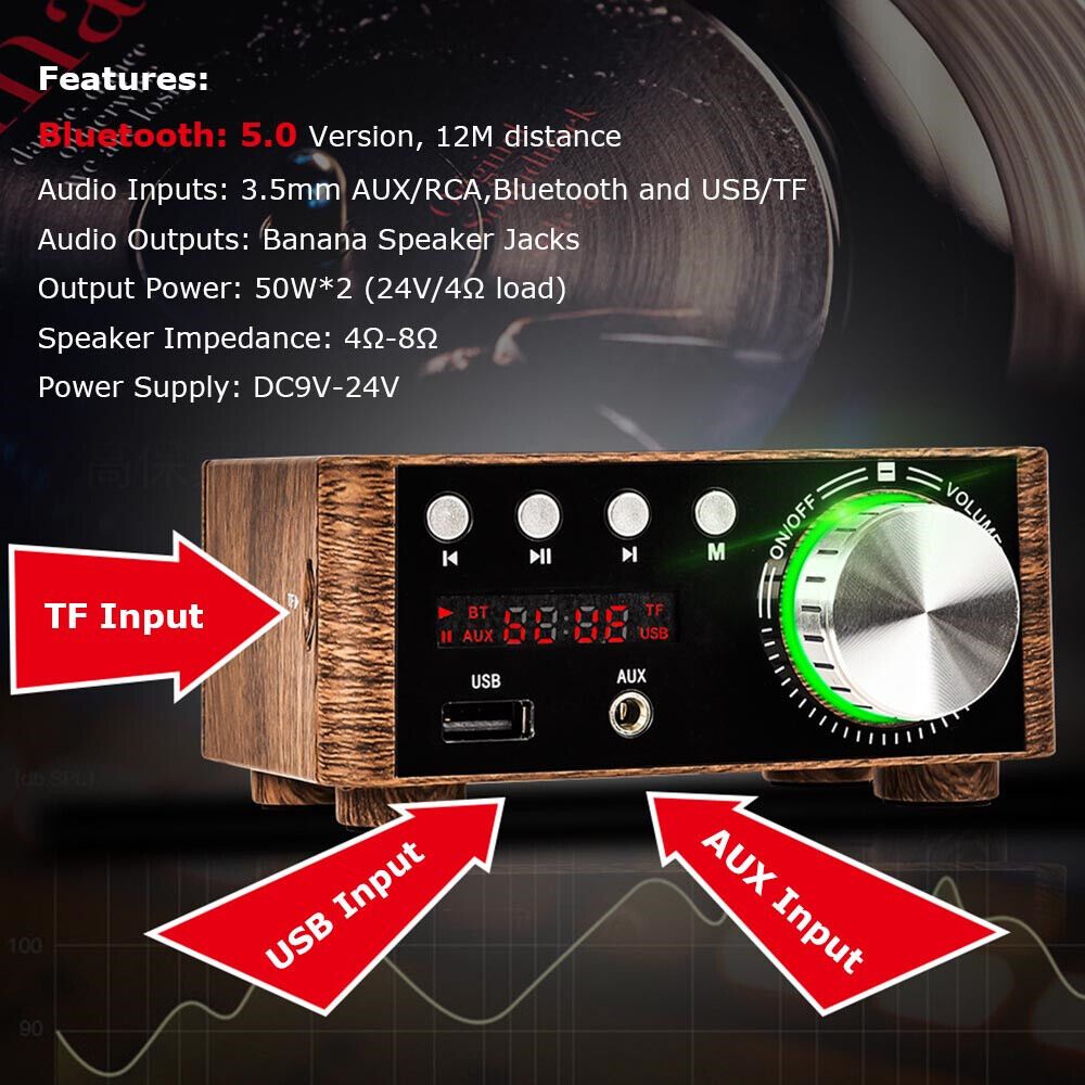 Powerful Mini 100W Bluetooth 5.0 Power Amplifier Fi 2.0-Wood Grain