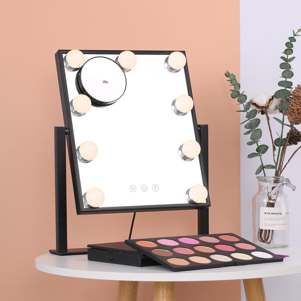 Tomshine Vanity Makeup Mirror with 9 Light Bulbs Touching Control 3 Color Lighting Modes Dimmable Lighted Mirror with Detachable 10x Magnification for Dressing Table Studios