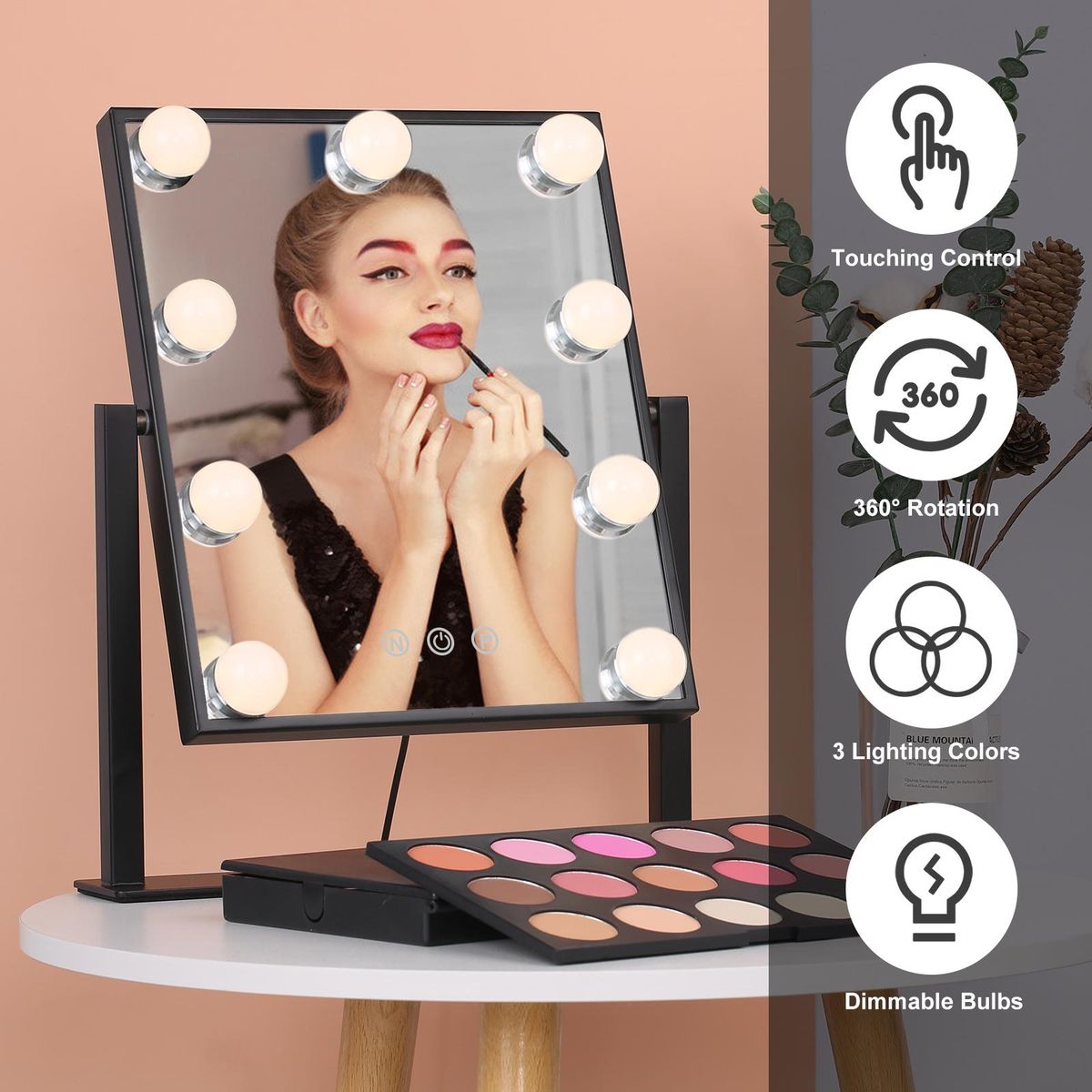 Tomshine Vanity Makeup Mirror with 9 Light Bulbs Touching Control 3 Color Lighting Modes Dimmable Lighted Mirror with Detachable 10x Magnification for Dressing Table Studios