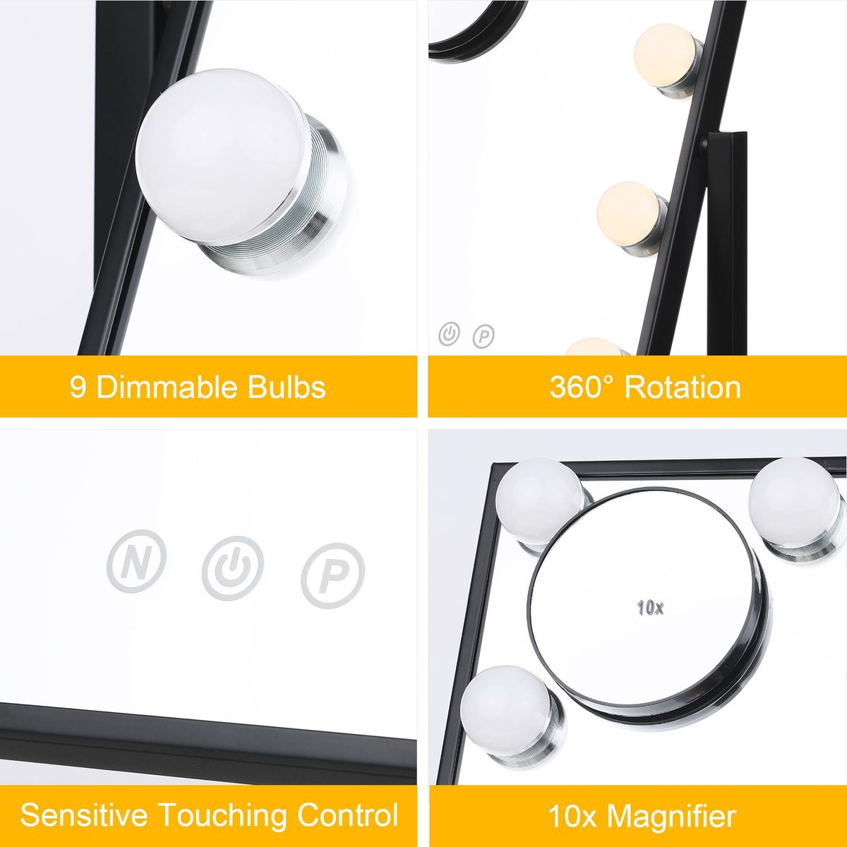 Tomshine Vanity Makeup Mirror with 9 Light Bulbs Touching Control 3 Color Lighting Modes Dimmable Lighted Mirror with Detachable 10x Magnification for Dressing Table Studios