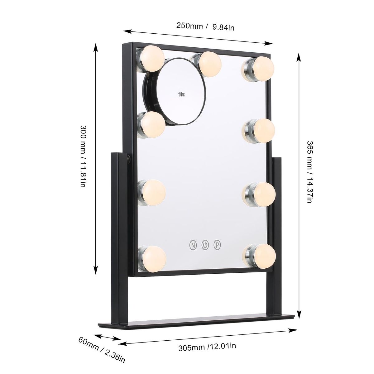 Tomshine Vanity Makeup Mirror with 9 Light Bulbs Touching Control 3 Color Lighting Modes Dimmable Lighted Mirror with Detachable 10x Magnification for Dressing Table Studios