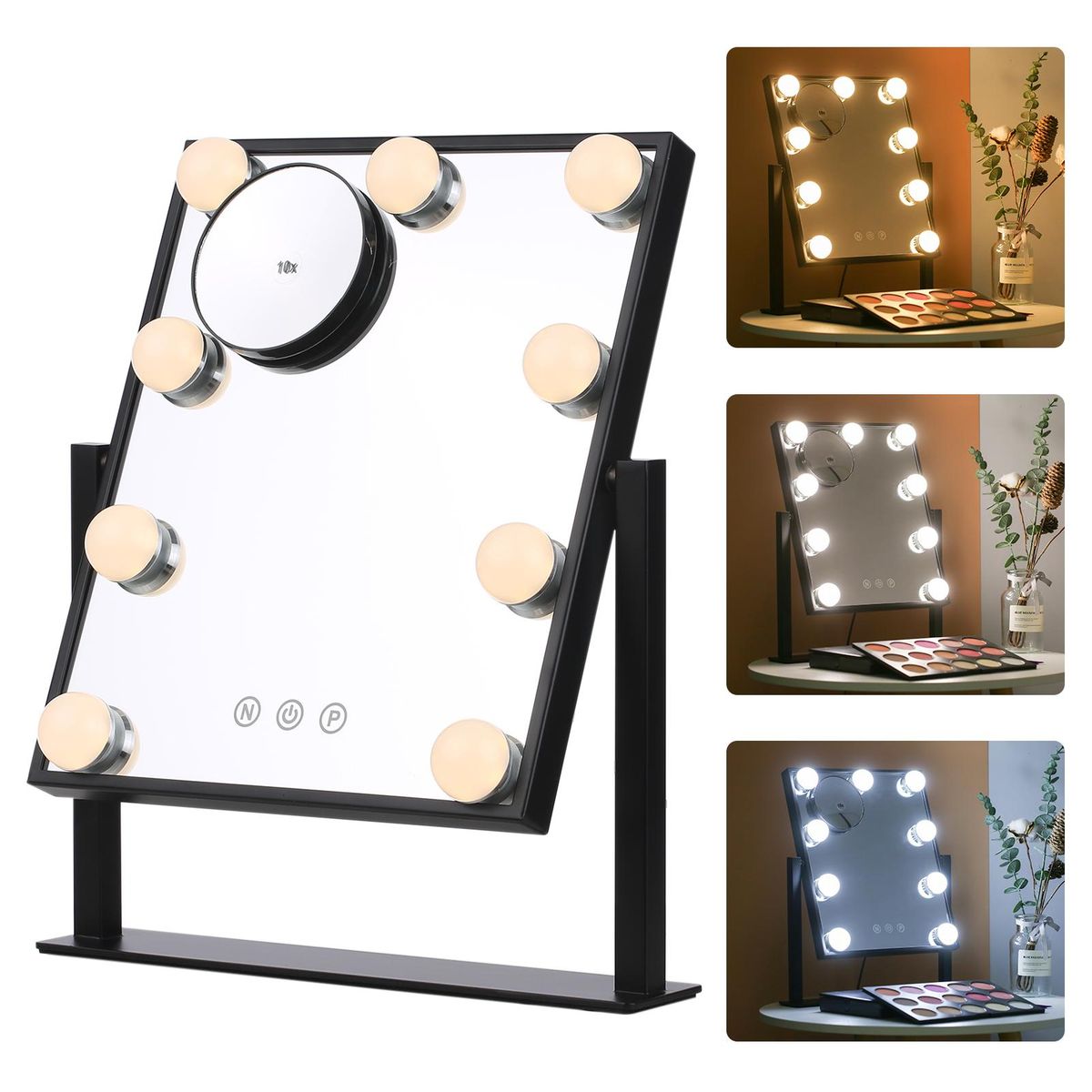 Tomshine Vanity Makeup Mirror with 9 Light Bulbs Touching Control 3 Color Lighting Modes Dimmable Lighted Mirror with Detachable 10x Magnification for Dressing Table Studios