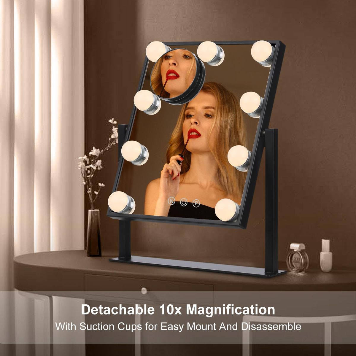 Tomshine Vanity Makeup Mirror with 9 Light Bulbs Touching Control 3 Color Lighting Modes Dimmable Lighted Mirror with Detachable 10x Magnification for Dressing Table Studios
