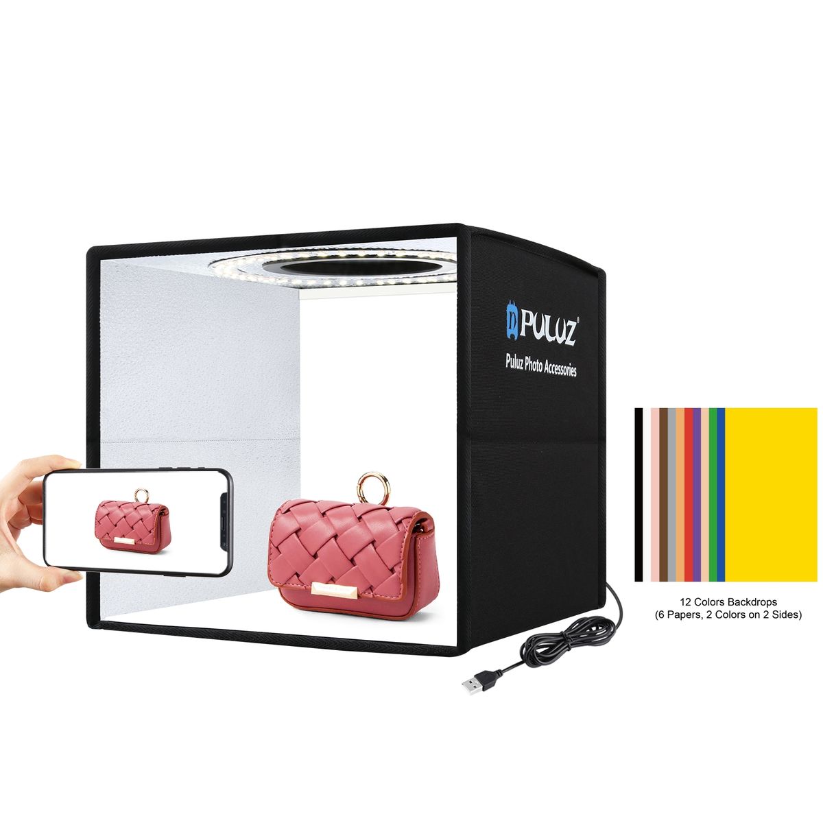 PULUZ 25cm Folding Portable Ring Light Photo Lighting Studio Shooting Tent Box With 12 Colors Backdrops, Size: 25cm X 25cm X 25cm(Black)