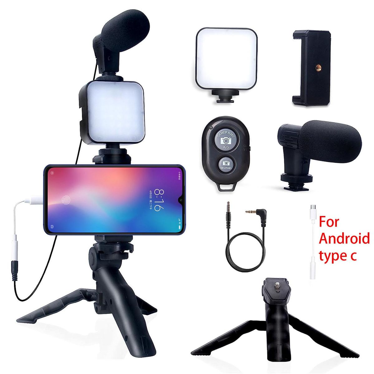 Selfie Stick Vlog Kit with LED Video Light Microphone Tripod