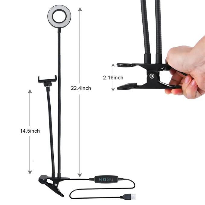 Mobile phone holder for live broadcast, dimmable color-adjustable selfie ring light with mobile phone clip