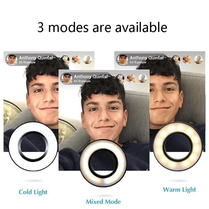 Mobile phone holder for live broadcast, dimmable color-adjustable selfie ring light with mobile phone clip