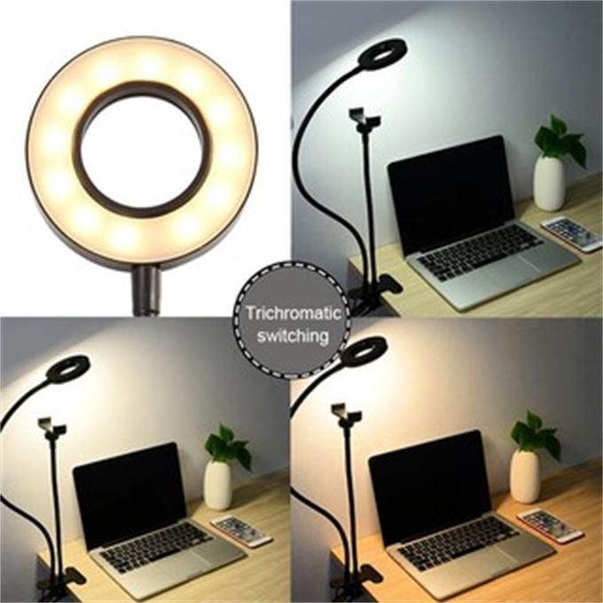 Mobile phone holder for live broadcast, dimmable color-adjustable selfie ring light with mobile phone clip