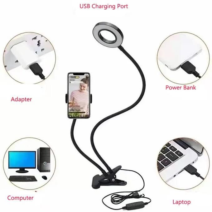Mobile phone holder for live broadcast, dimmable color-adjustable selfie ring light with mobile phone clip