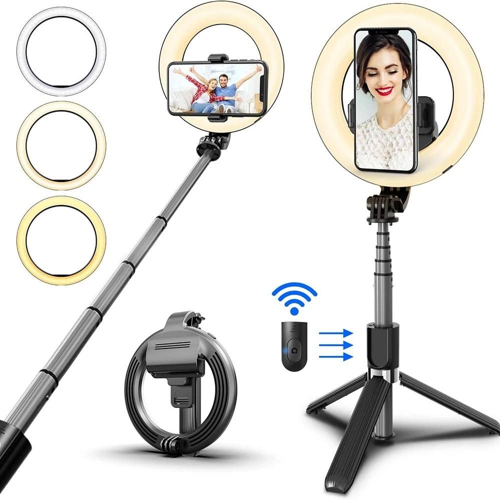 Wireless Bluetooth Selfie Stick Foldable Handheld Remote Shutter Tripod With 5inch LED Ring Photography Light For Android IOS