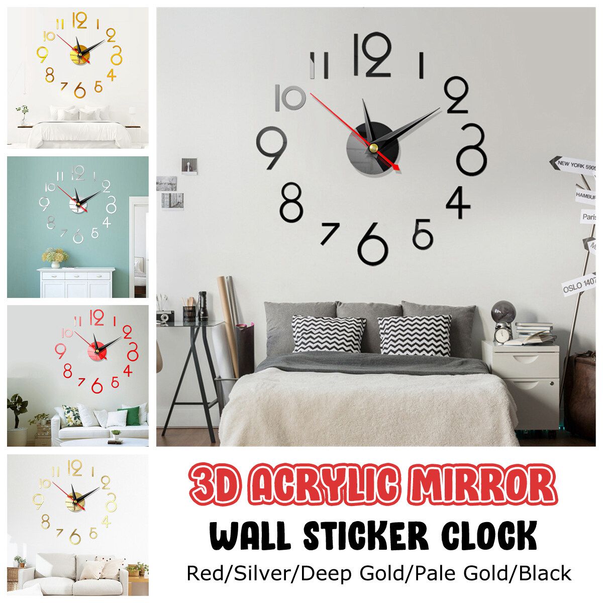 DIY Wall Clock 3D Surface Mirror Numerals Room Office Sticker Home Modern Red