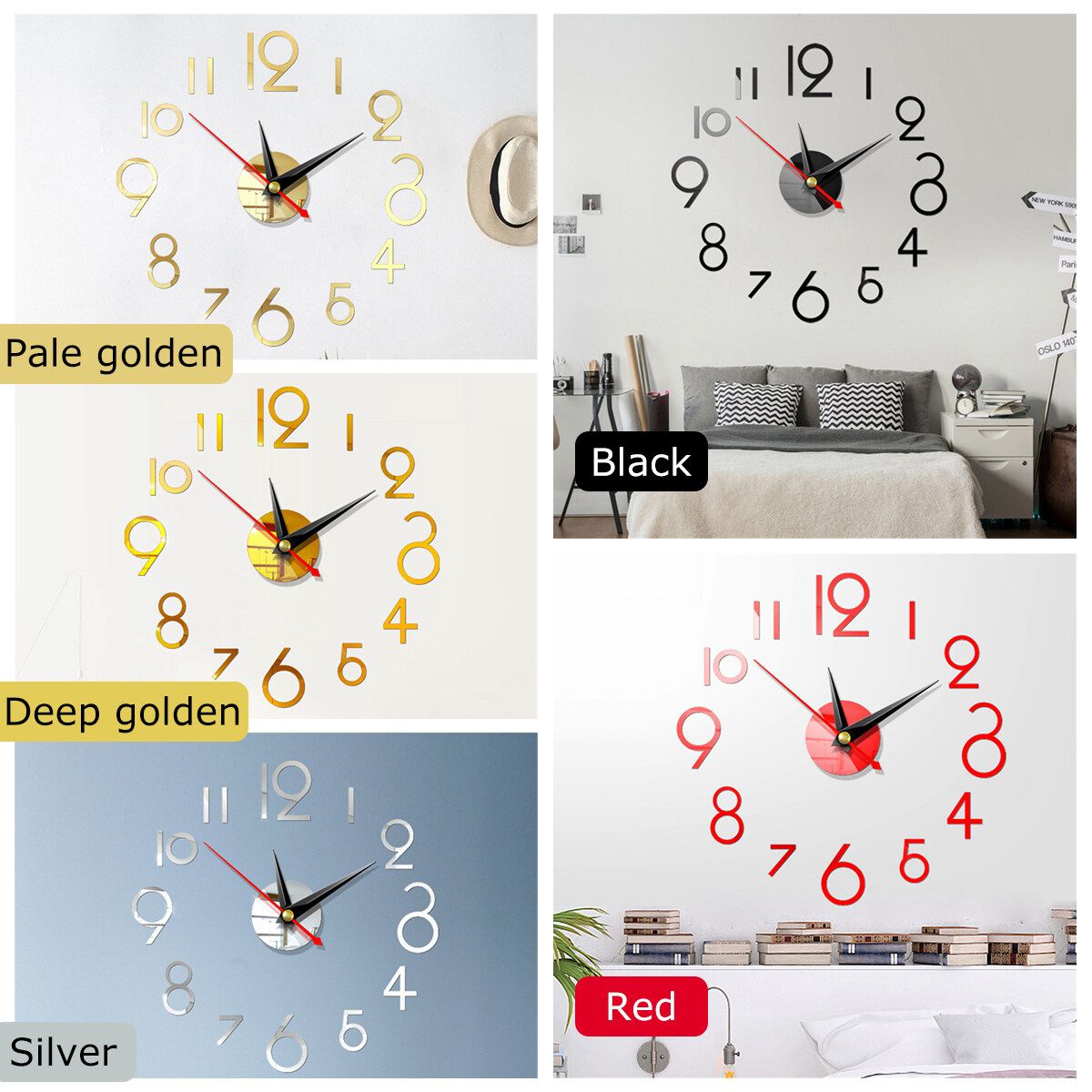 DIY Wall Clock 3D Surface Mirror Numerals Room Office Sticker Home Modern Red