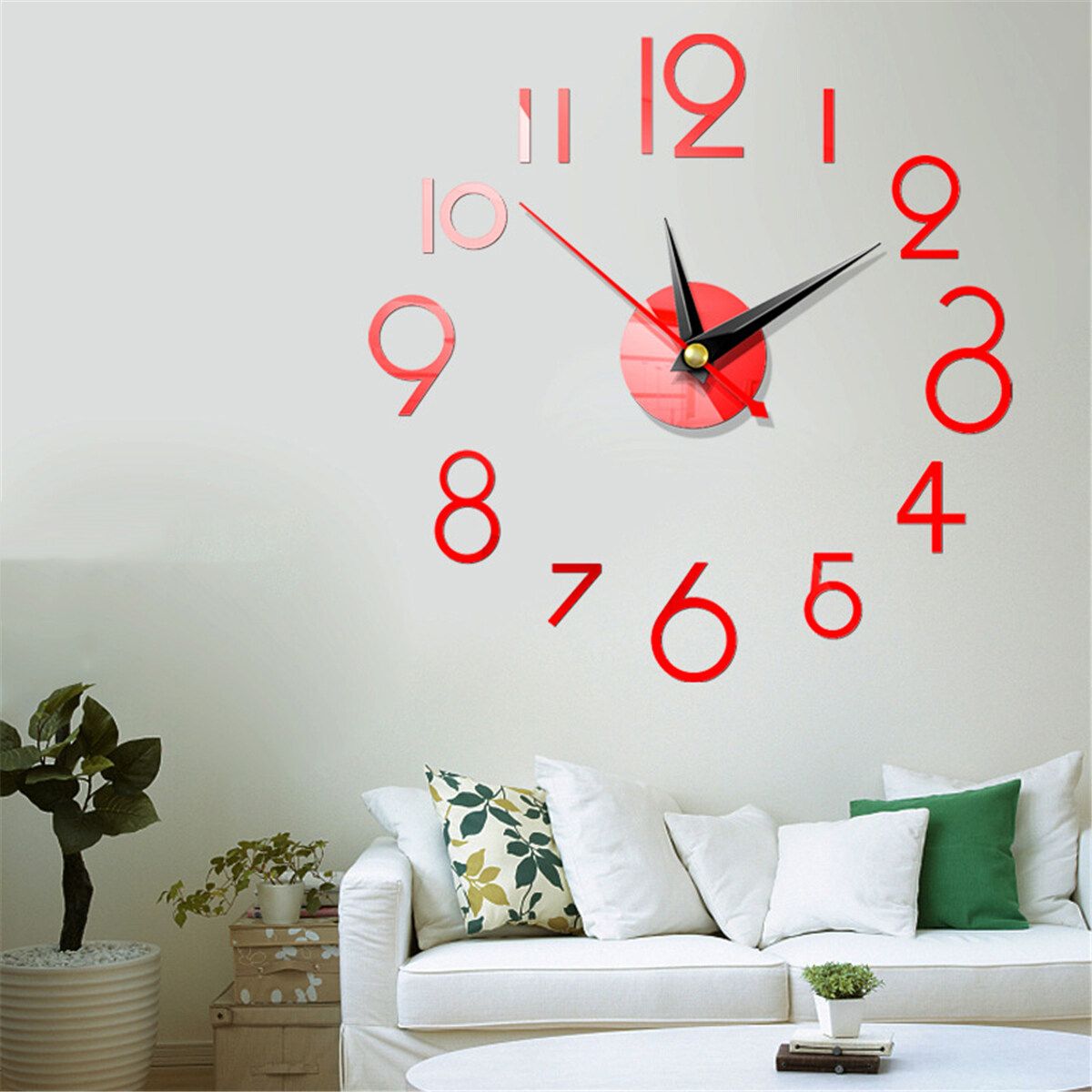 DIY Wall Clock 3D Surface Mirror Numerals Room Office Sticker Home Modern Red