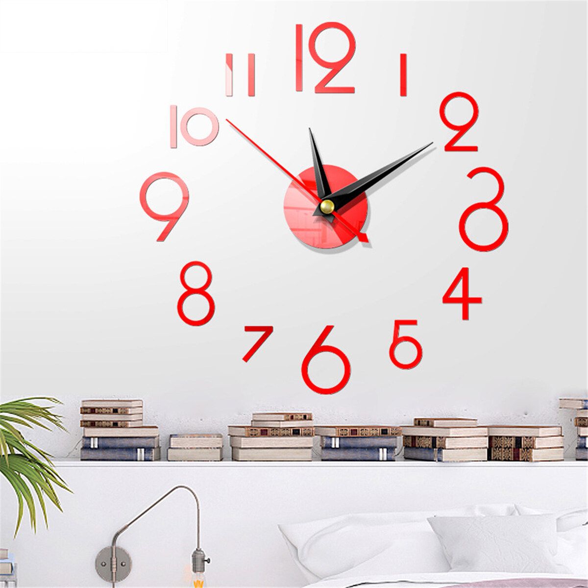 DIY Wall Clock 3D Surface Mirror Numerals Room Office Sticker Home Modern Red