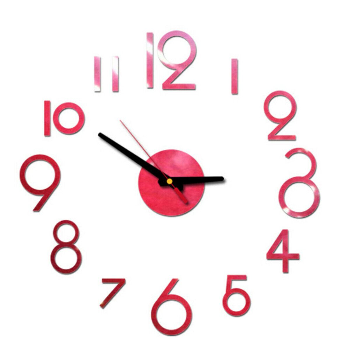DIY Wall Clock 3D Surface Mirror Numerals Room Office Sticker Home Modern Red