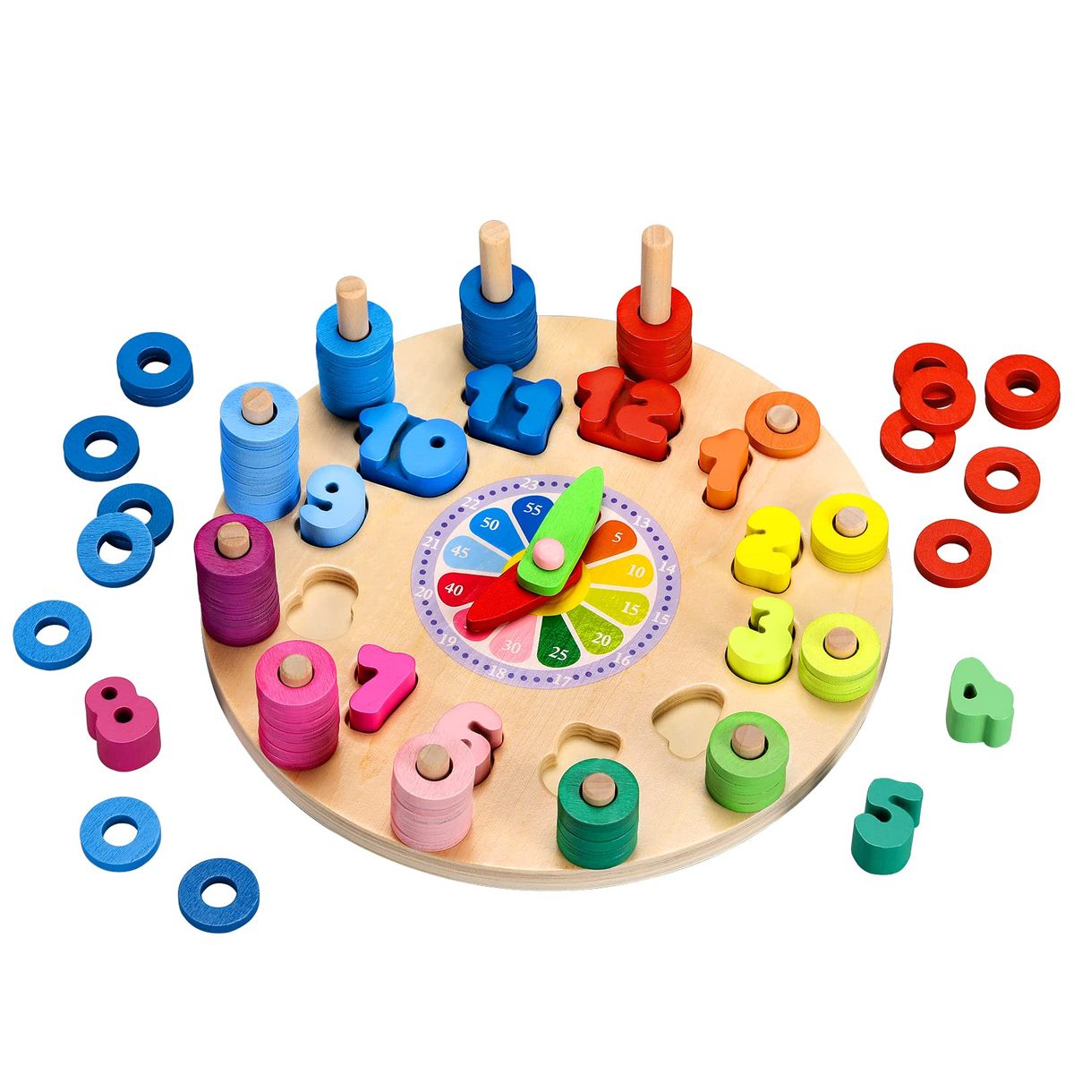 Kids Wooden Time Clock Teaching, Colour Sorting And Counting