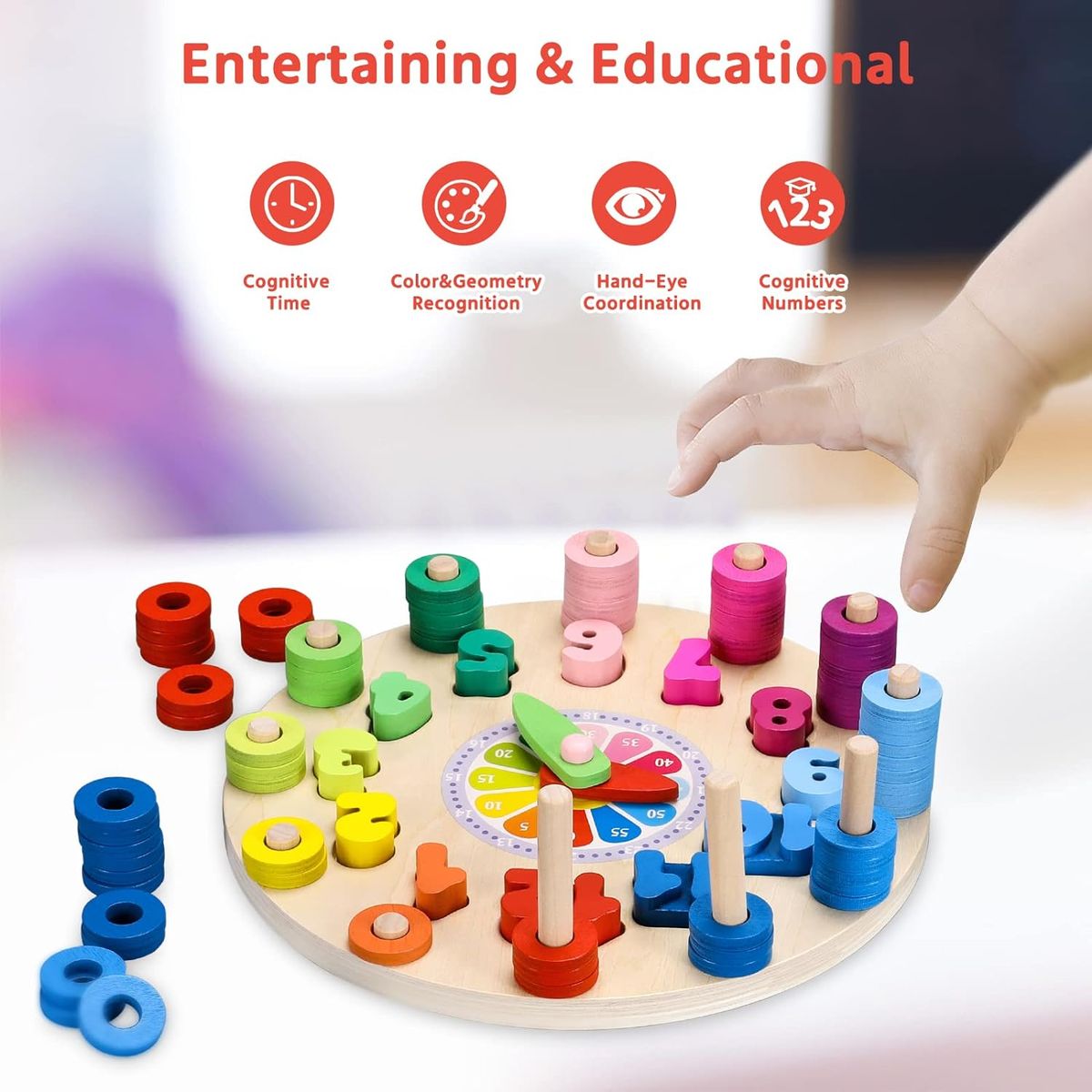 Kids Wooden Time Clock Teaching, Colour Sorting And Counting
