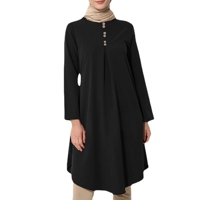 20223 women's pure color button stitching fashion casual long-sleeved swallowtail dress