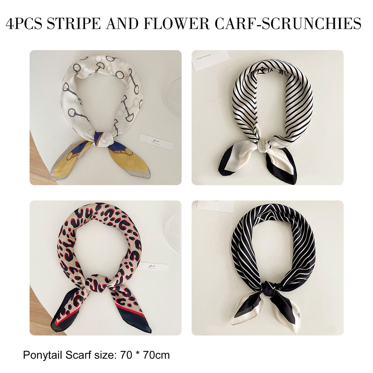 4Pcs/Set Hair Scarf Fashion Floral Print Scrunchies Solid