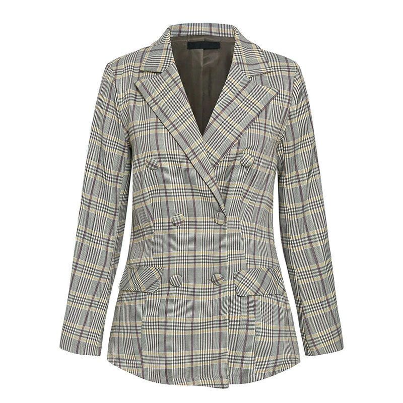 Women Double Breasted Plaid Casual Long Sleeve Office Blazer JACKET ONLY