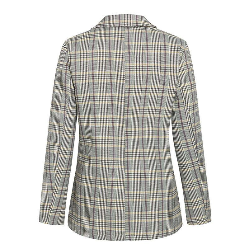 Women Double Breasted Plaid Casual Long Sleeve Office Blazer JACKET ONLY