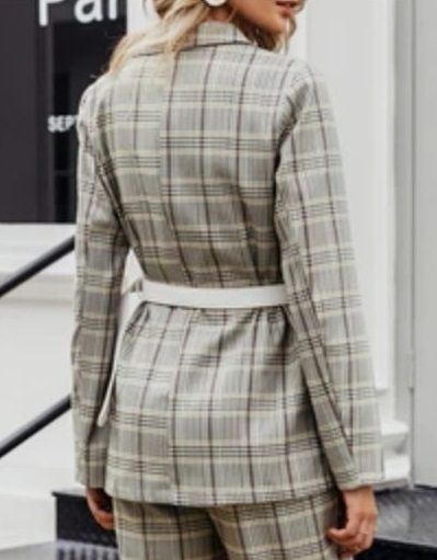 Women Double Breasted Plaid Casual Long Sleeve Office Blazer JACKET ONLY
