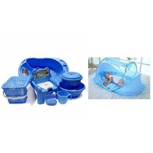 Baby Bath Set 7pcs - Blue + Pop Up Baby Bed Net - Blue